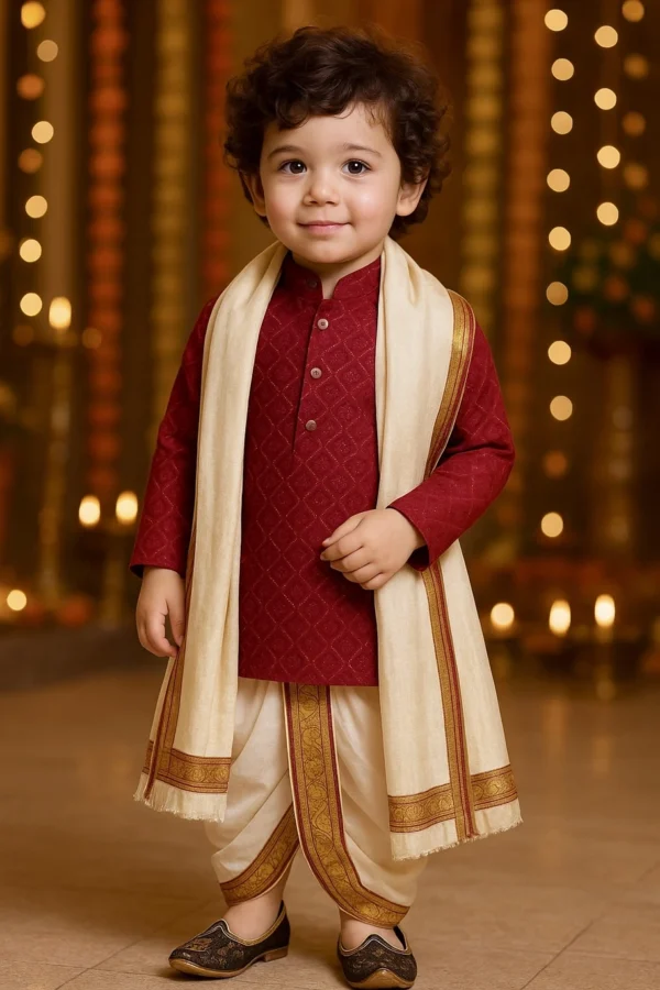 New Ekta Dresses Boys Festive & Party Kurta, Dhoti Pant & Dupatta Set (Maroon Pack of 1)