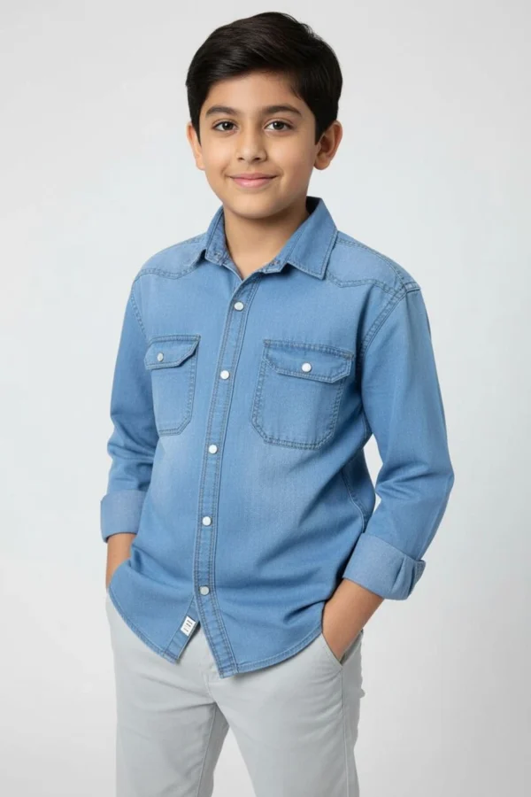 Deniyes Boys Regular Fit Washed Spread Collar Casual Shirt