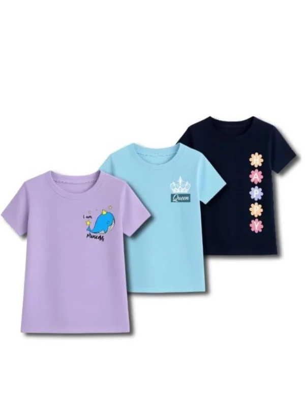 M Queen Girls Printed Cotton Blend Regular T Shirt (Multicolor, Pack of 3)