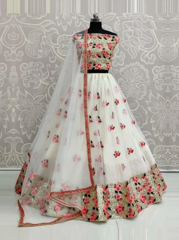 Gheludi Girls Lehenga Choli Ethnic Wear Embroidered Lehenga, Choli and Dupatta Set (White, Pack of 1)