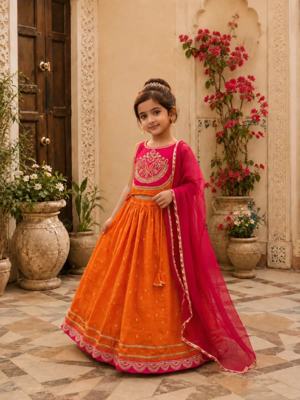 RJENTERPRISE Indi Girls Lehenga Choli Ethnic Wear, Party Wear Embroidered Lehenga, Choli and Dupatta Set (Orange, Pack of 1)