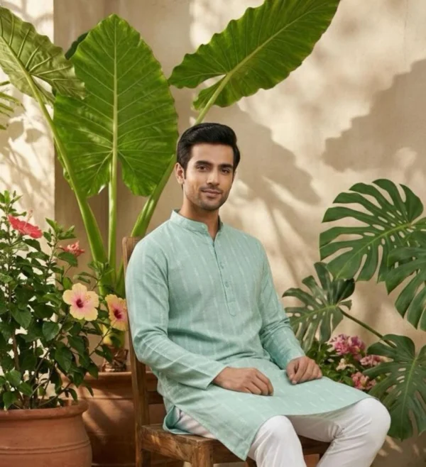 NkLoomVeda Striped, Printed, Chikan Embroidery Pure Cotton Straight Kurta for Men (Green)