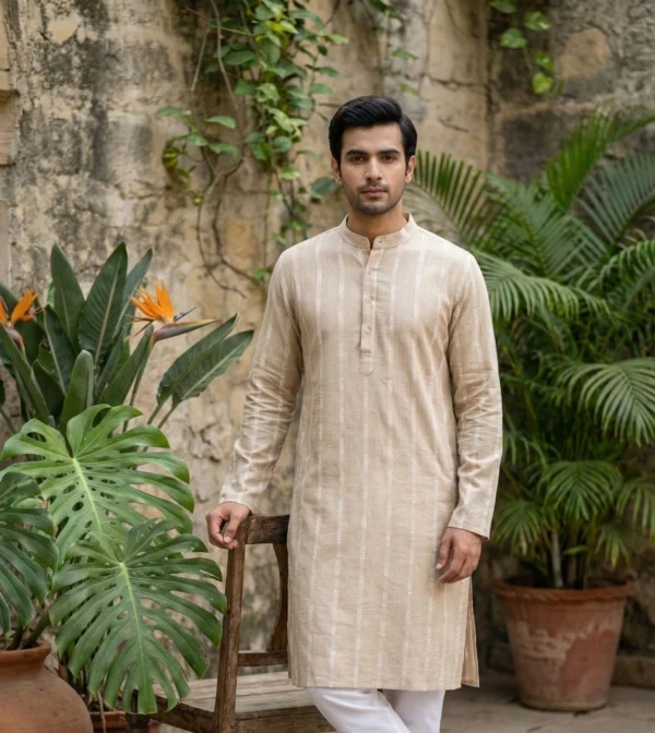 NkLoomVeda Striped, Printed, Chikan Embroidery Pure Cotton Straight Kurta for Men (Beige)