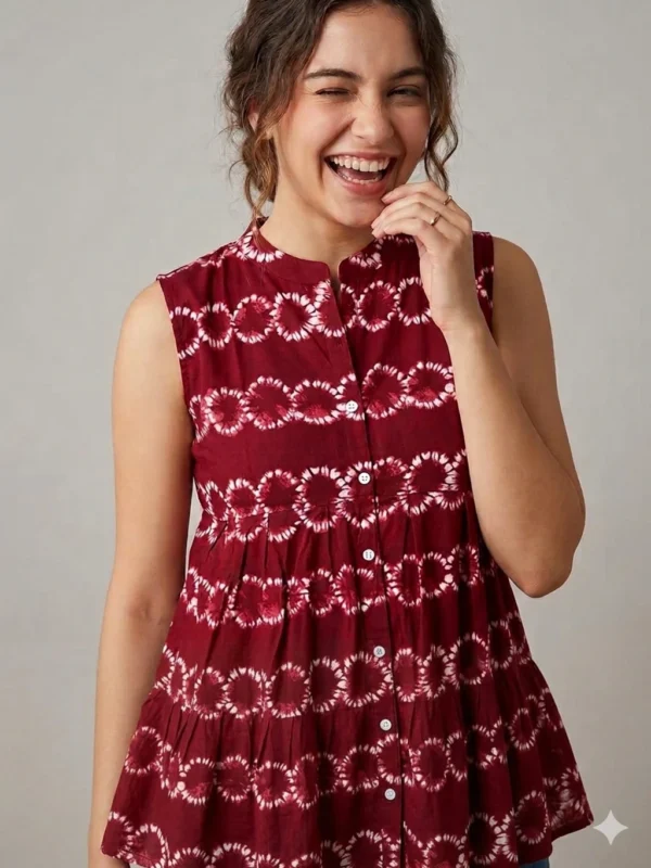 FANCIFY Casual Sleeveless Printed Women Maroon Top